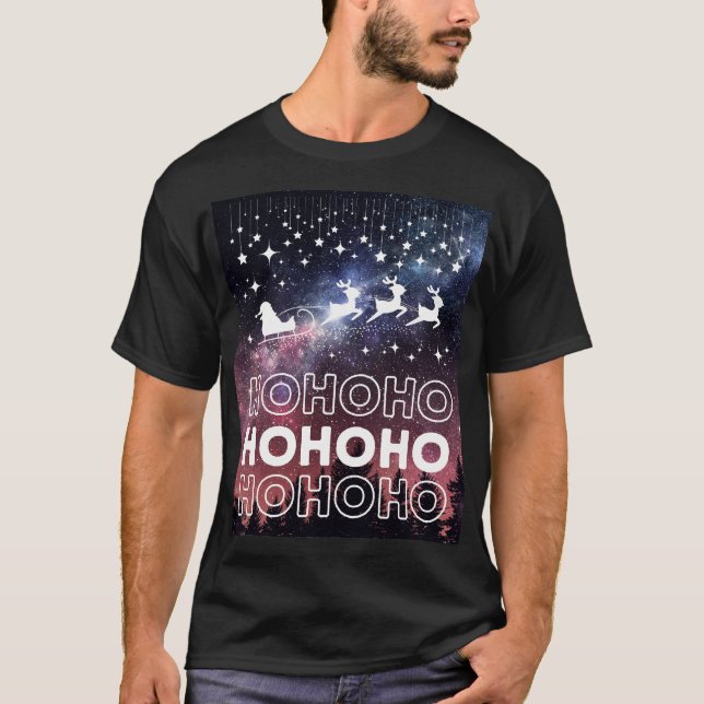 T-shirt Hohoho Santa Claus Reindeers Red Starry Sky (Devant)