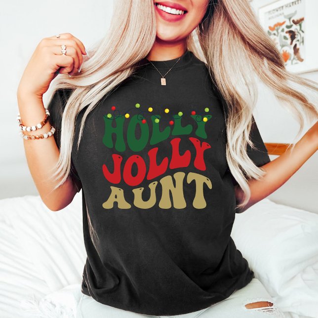 T-shirt Holly Jolly Tante Noël Super Noir (Holly Jolly Aunt Christmas Groovy Black T-Shirt)