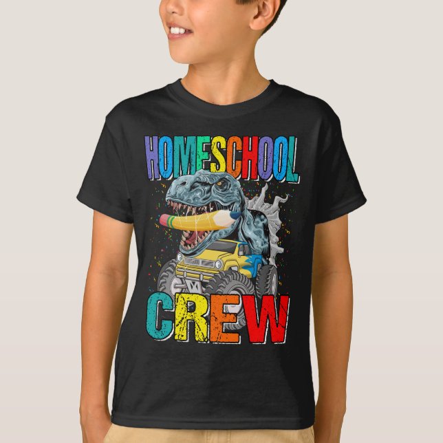 T-shirt Homeschool Crew Monster Truck Dinosaur Boys  (Devant)