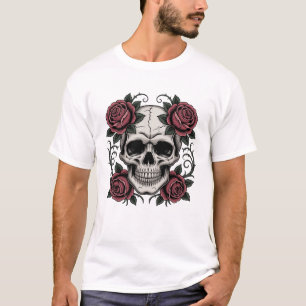 T-shirt homme gothique de base avec crâne et roses