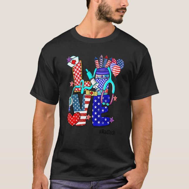 T-shirt Homme Love Rad Tech Stethoscope Fireworks Usa Drap (Devant)