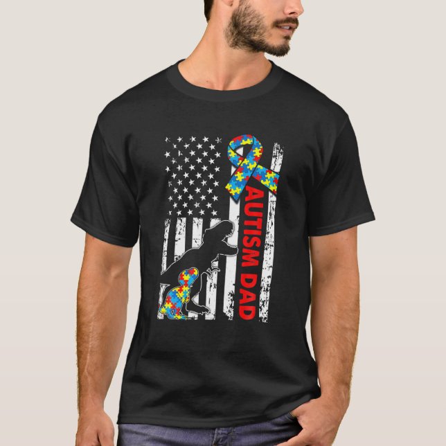 T-shirt Hommes Dinosaure Perdu Autisme Papa USA Drapeau Au (Devant)