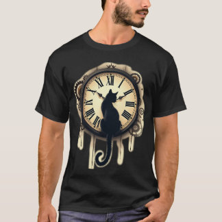 T-shirt Horloge Ornée Silhouette de Chat Noir Steampunk