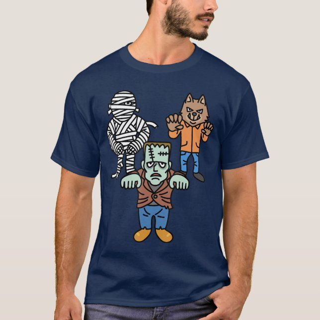 T-shirt Horror Movie Monster Mummy Werewolf Frankenstein C (Devant)