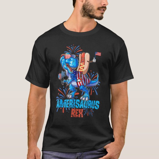 T-shirt Hotdog Rex Dinosaur 4th of July Amerisaurus (Devant)
