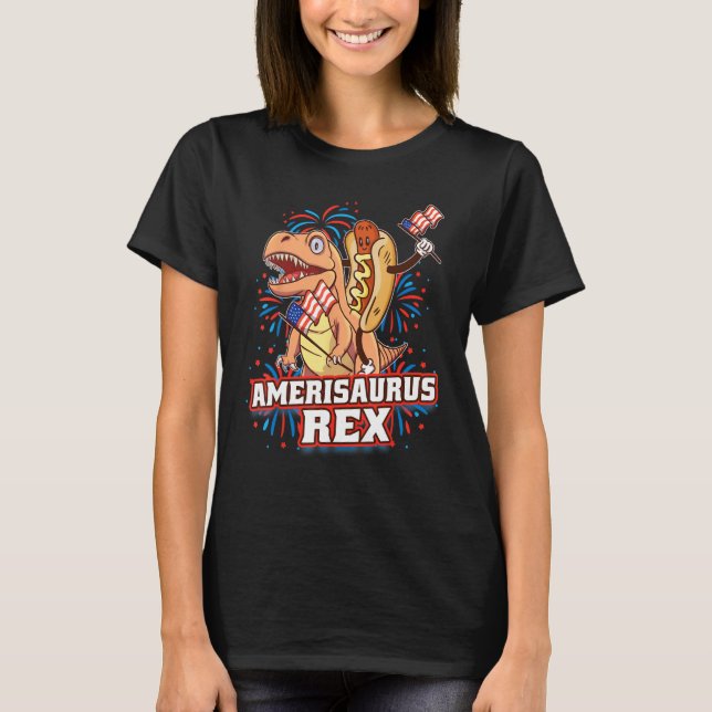 T-shirt Hotdog Rex Dinosaur 4th of July Amerisaurus  1 (Devant)