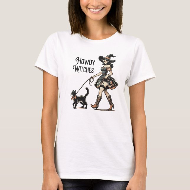 T-shirt Howdy Witch Chat Halloween Funny Retro (Devant)