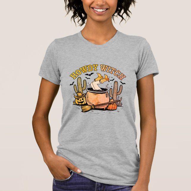T-shirt Howdy Witch Western Halloween Cauldron (Devant)