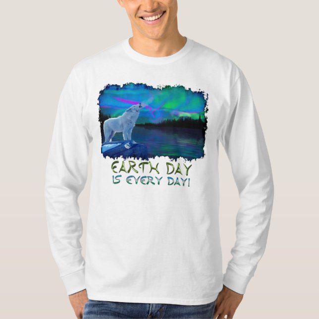 T-shirt Howling Arctic Wolf & Aurora Jour des terres (Devant)