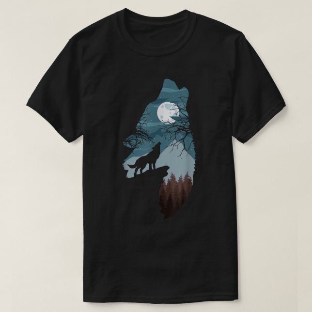 T-shirt Howling Wolf Moon Forest Art (Design devant)