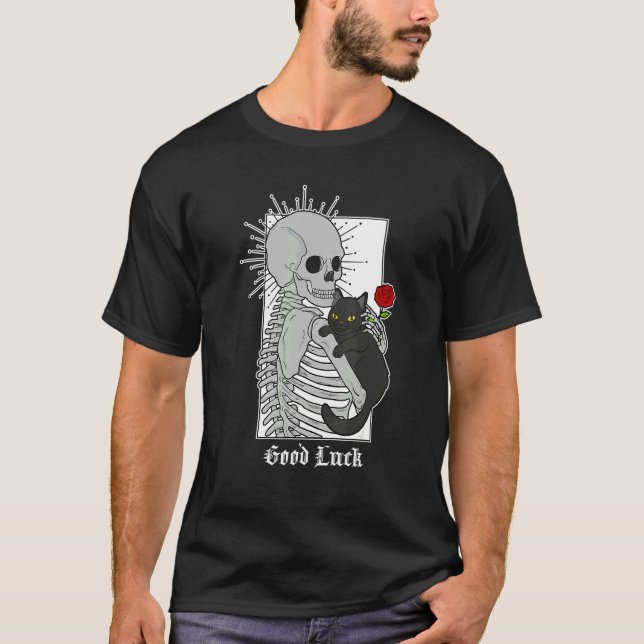 T-shirt Hugging Cat Flowers Skeleton Black Cat (Devant)