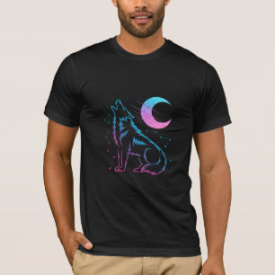 T-shirt Hululement de Loup Cosmique – Lune et Étoiles Néon