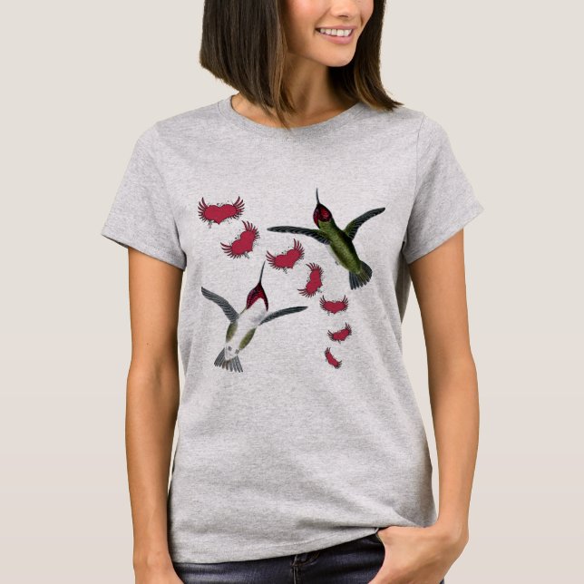 T-shirt Humming Birds Grunge Hearts with Wings (Devant)