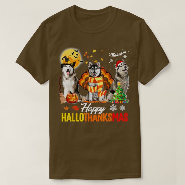 T-shirt Husky Chien Hallothanksmas Halloween Thanksgiv (Design devant)
