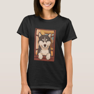 T-shirt Husky drôle regardant par la fenêtre. Amateur de c