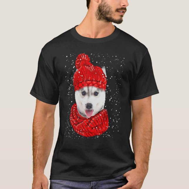 T-shirt Husky Red Winter Casquette Christmas Scarf Chien (Devant)