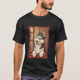 T-shirt Husky regardant par la fenêtre. Amateur de chiens