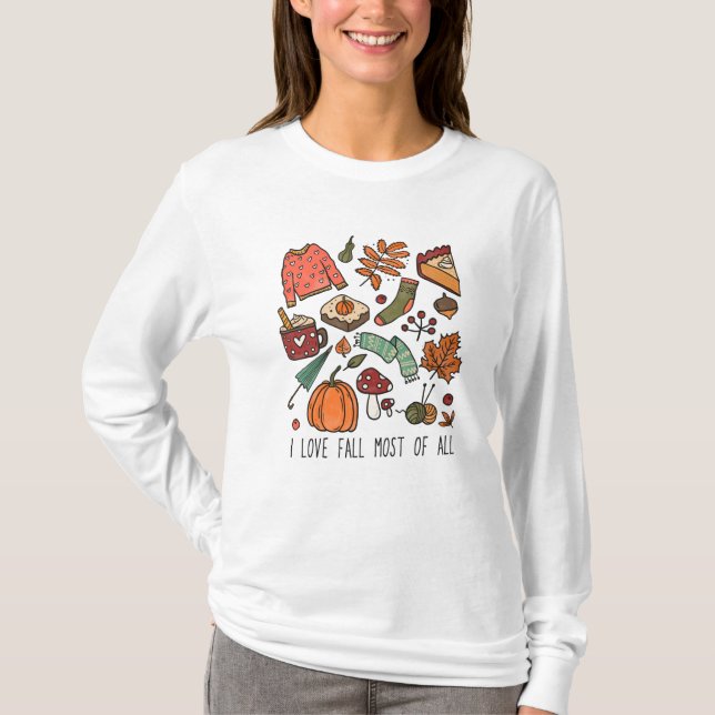 T-shirt I Love Automne Automne Feuilles Citrouille (Devant)