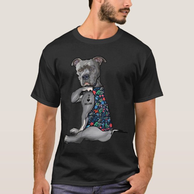 T-shirt I Love Maman Funny Pitbull Chien Tattoo Flower Mèr (Devant)