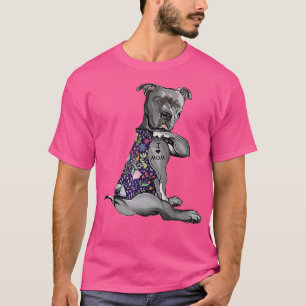 T-shirt I Love Maman Funny Pitbull Chien Tattoo Flower Mèr