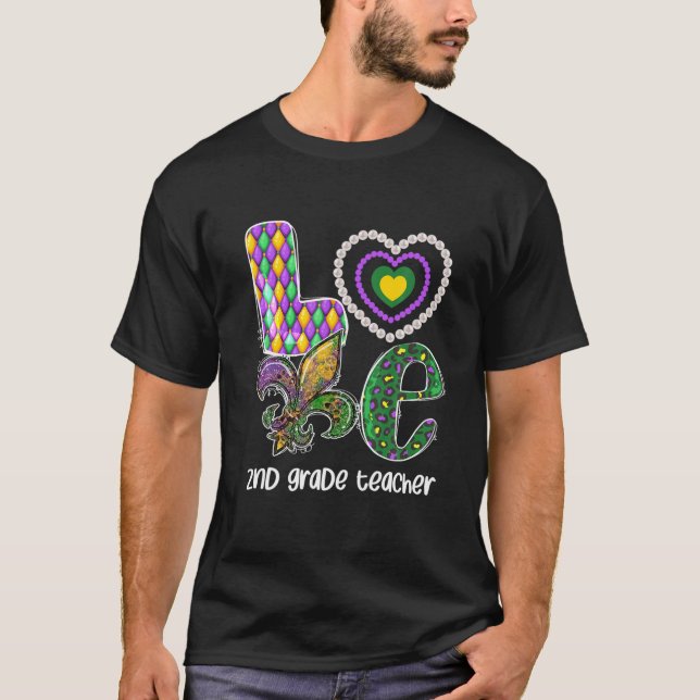 T-shirt I Love Mardi gras 2Nd Grade Teacher Plaid Leopard (Devant)