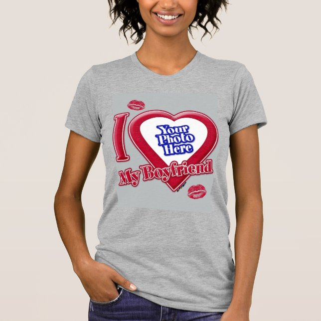 T-shirt I Love My Boyfriend Photo Red Heart Kiss Grey (Devant)