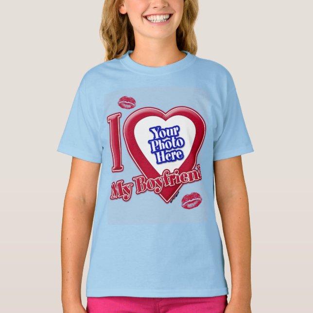 T-shirt I Love My Boyfriend Photo Red Heart Kiss Light Blu (Devant)
