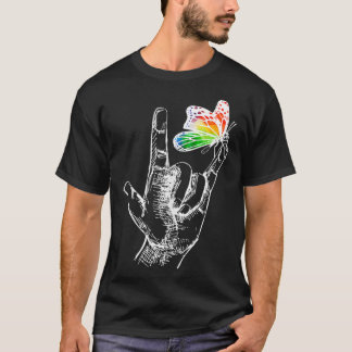 T-shirt I Love You Main Sign Language Butterfly Autism Awa