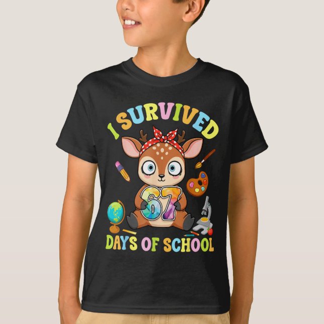 T-shirt I Survived Six Seven Days Of School Cute Deer Stud (Devant)