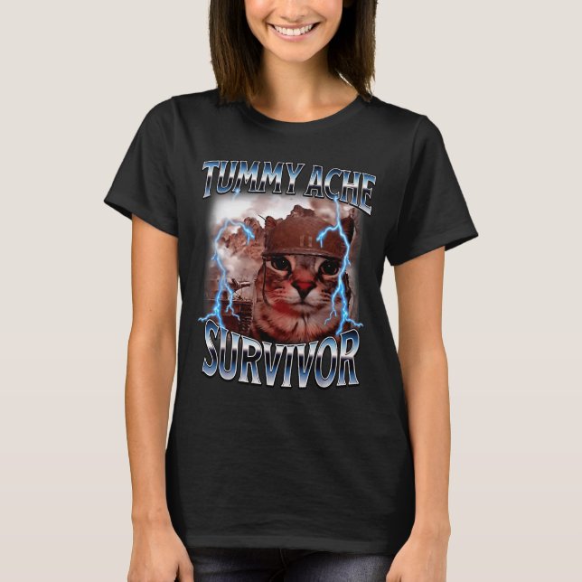 T-shirt I Survived Today's Tummy Ache Survivor Funny Cat M (Devant)