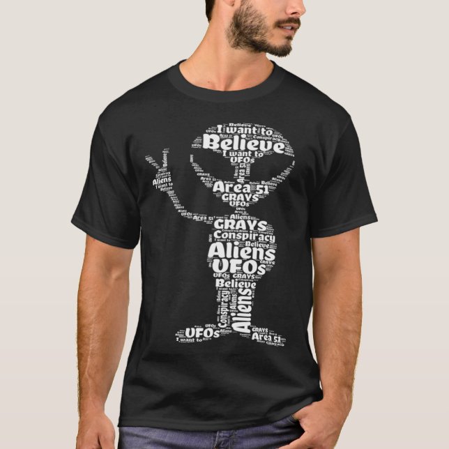 T-shirt I Want To Believe  Alien Peace Sign Wordcloud Area (Devant)