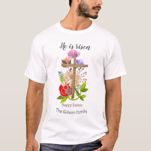 T-shirt Il est ressuscité, famille de Pâques en bois flora