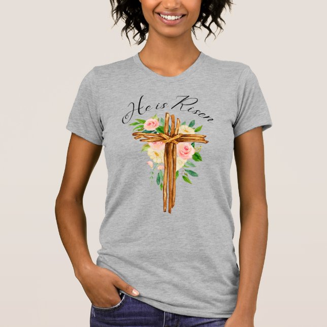 T-shirt Il est ressuscité Floral Rustic Cross (Devant)