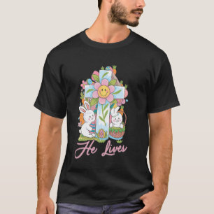 T-shirt Il vit Croix Jésus Lapin Religieux Jour de Pâques 