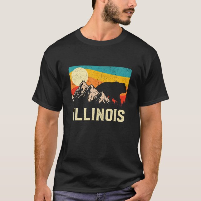 T-shirt Illinois Nature Wild Bear Retro Sunset Hiking (Devant)