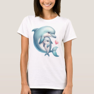T-shirt Illustration adorable Dolphin Mother and Baby Hear