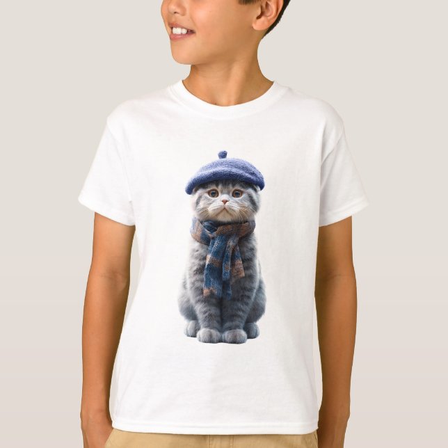 T-shirt Illustration de chat avec béret et écharpe à carre (Devant)