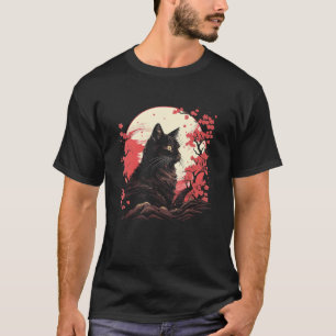 T-shirt Illustration de chat de style japonais avec fleurs