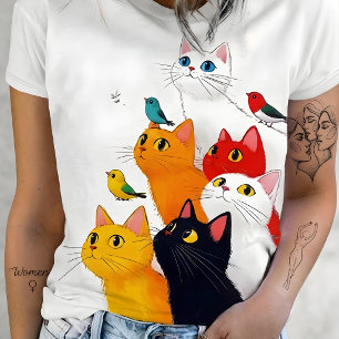 T-shirt Illustration de chats et d'oiseaux colorés adorabl