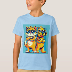 T-shirt Illustration de dessin animé d'un chat et d'un chi