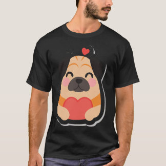 T-shirt Illustration de dessin animé d'un pug tenant un cœ