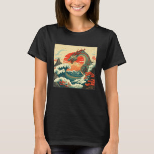 T-shirt Illustration de dragon de mer cool Waves Sunset Wo