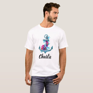 T-shirt Illustration de l'Ancre d'aquarelle florale marine