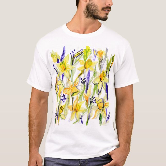 T-shirt Illustration de l'aquarelle des jonquilles jaunes (Devant)