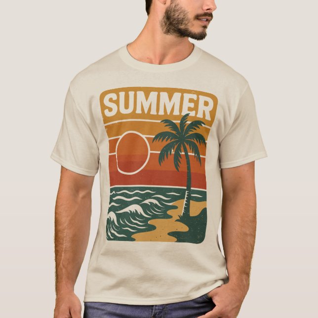 T-shirt Illustration de plage d'été rétro avec palmier et (Devant)
