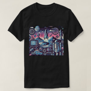T-shirt Illustration d'espace futuriste rétro avec fusées