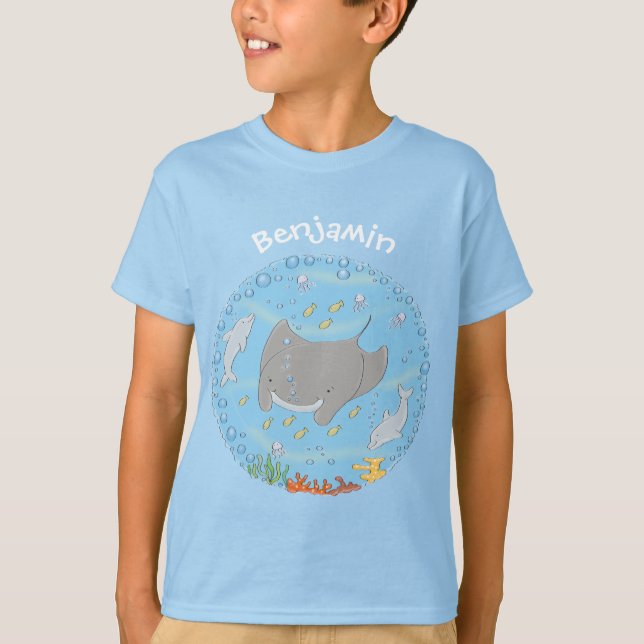 T-shirt Illustration d'une mignonne raie manta et de bulle (Devant)