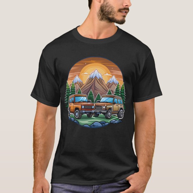 T-shirt Illustration of two 44 cars on a road between retr (Devant)
