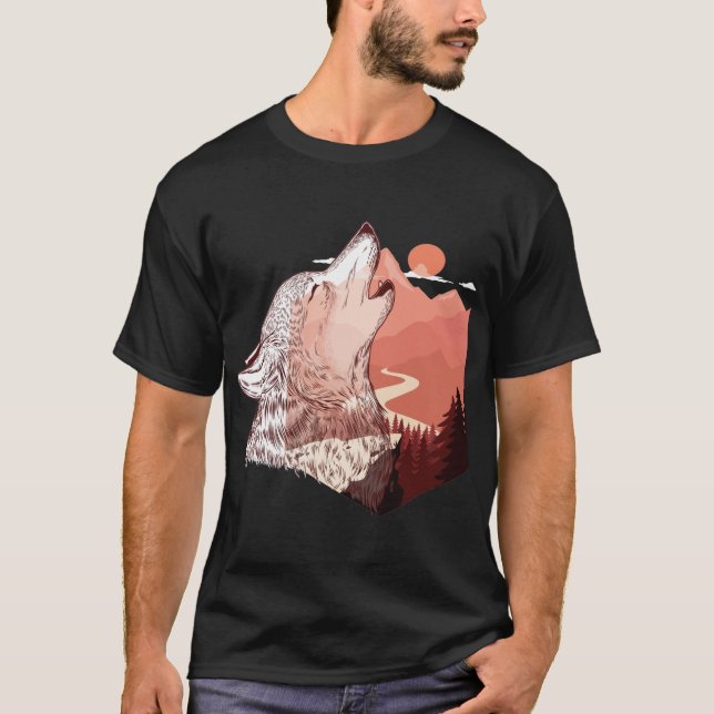 T-shirt Illustration vectorielle d'un paysage de loup hurl (Devant)