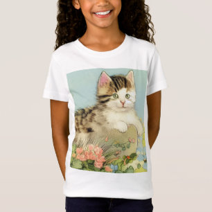 T-Shirt Illustration vintage de chat avec fleurs roses
